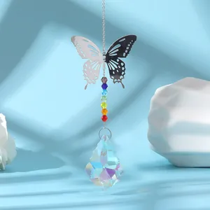 Detailed view of silver butterfly and faceted AB color crystal pendant hanging ornament