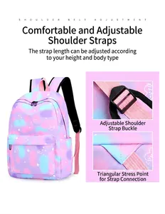 Detail of the adjustable shoulder straps and reinforced buckles on a purple backpack