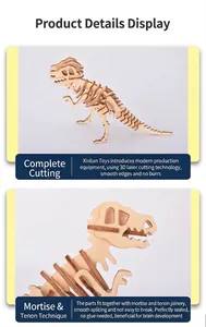 Detailed macro view of 3D wooden dinosaur skeleton puzzle with mortise and tenon joints