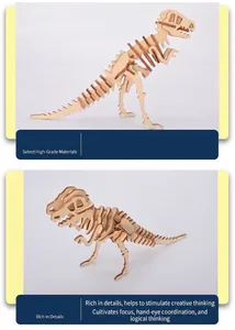 Detail view of 3D wooden T-Rex skeleton puzzle showing precise laser-cut poplar wood pieces.