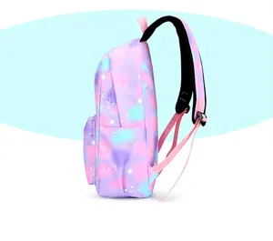 Detailed side view of a stylish purple tie-dye school backpack featuring star and heart patterns