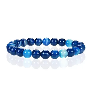 Elegant 8mm blue striped agate beaded bracelet with polished natural stone beads for women