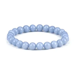 Elegant 8mm light blue natural stone beaded stretch bracelet for women and men's jewelry