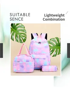 Detail view of 3-in-1 schoolbag set with purple galaxy heart and star patterns.