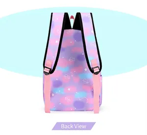 Rear view of colorful tie-dye student backpack featuring pink hearts and star patterns.