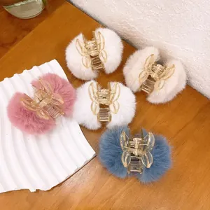 Colorful faux fur hair claw clips set with butterfly design for autumn and winter