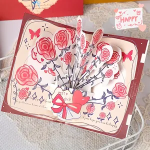 Detailed view of 3D pop-up Valentine's Day card with vintage roses and heart design