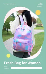 Detailed view of colorful gradient backpack with star and heart patterns shown on a model.
