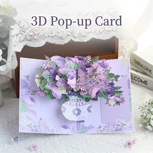 3D pop-up greeting card featuring a detailed purple hydrangea and rose bouquet