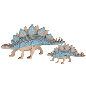 DIY 3D wooden stegosaurus puzzle set featuring large and small dinosaur skeleton models