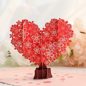Detail of a 3D red heart blossom tree pop-up greeting card for Valentine's Day gift.