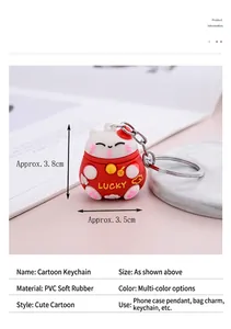 Detail view of Maneki Neko lucky cat keychain showing 3.8cm height and PVC material