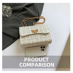 Detailed size comparison of a white checkered tweed chain bag with a smartphone