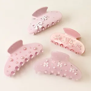 Elegant pink acetate hair claw clips with 3D bows and luxury rhinestones for women