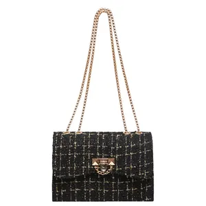 Black tweed plaid chain shoulder bag with gold-tone hardware for women's crossbody style