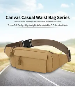 Vue détaillée d'un sac banane en toile kaki avec trois fermetures éclair et sangle ajustable.