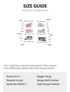 Detailed size chart for cartoon animal acrylic hair claws with weights and measurements