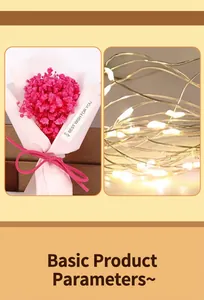 Dettaglio di bouquet di gipsofila rosa e accessori per luci a LED
