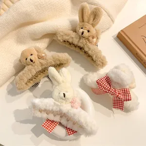 Women's Autumn Winter Plush Bear Rabbit Hair Claw Clip Large Faux Fur Gingham Bow Decorative Handmade Headwear Hair Accessories