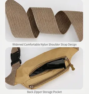 Vue détaillée de la bandoulière en nylon et de la poche zippée du sac banane tactique.