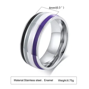 Close-up of 8mm stainless steel enamel ring with colorful rainbow stripes and weight specs.
