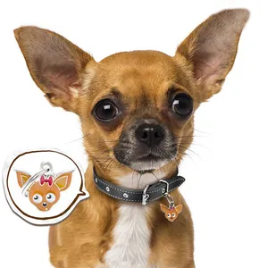 Vue détaillée d'un pendentif Chihuahua de dessin animé sur un collier de chien noir.