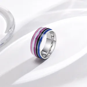 Macro view of 8mm stainless steel ring featuring vibrant colorful enamel stripes