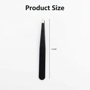 Professional black stainless steel eyebrow tweezers with 9.5cm length measurement detail