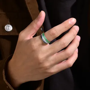 Close-up of 8mm stainless steel ring featuring green, white, gray, and black stripes