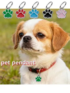 Close-up of a small dog wearing a green paw print pet tag pendant with multi-color options