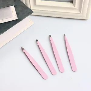 Professional 4pcs pink stainless steel eyebrow tweezers set with flat and slanted tips