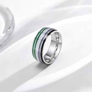 Detail view of 8mm stainless steel ring with green white grey and black stripes