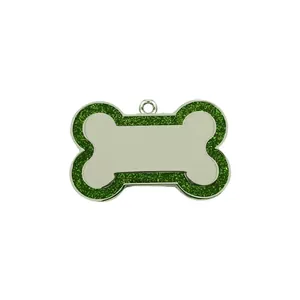 Detailed view of a bone-shaped pet tag with vibrant green glitter edges and blank center.