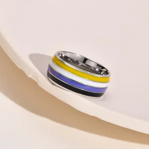 Close-up of an 8mm non-binary pride flag ring with yellow, white, purple, and black stripes.
