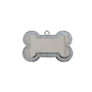 High-quality close-up of a silver bone-shaped glittery pet identity tag for collars