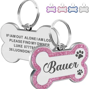 Personalized bone-shaped pet ID tag with glitter edges for anti-lost dogs and cats.