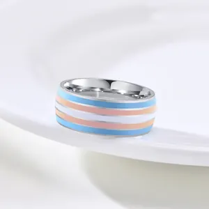 Macro view of 8mm stainless steel ring featuring transgender pride flag color stripes