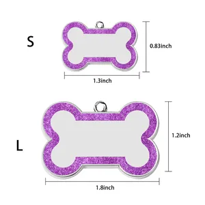 Glitter bone-shaped pet ID tags in S and L sizes with measurements