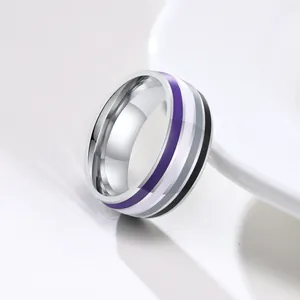 8mm stainless steel band ring featuring asexual pride flag colors in polished finish
