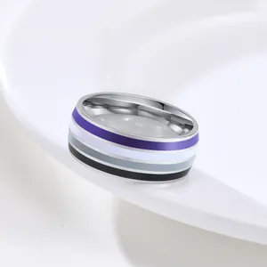 Close-up of 8mm stainless steel ring with purple white grey and black stripes