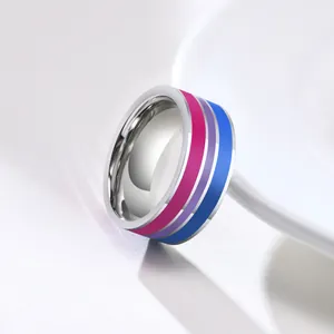 Detailed view of an 8mm stainless steel band ring featuring bisexual pride flag colors.