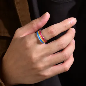 8mm stainless steel ring featuring colorful pansexual flag stripes worn on hand