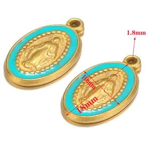 Virgin Mary religious oval pendant necklace with turquoise enamel and size dimensions