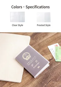 Transparent and frosted PVC passport cover protectors shown in a travel lifestyle setting