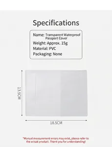 Detailed dimensions of transparent waterproof PVC passport cover, 13.5x18.5cm.
