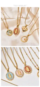 Detailed view of various stainless steel necklaces with Virgin Mary and shell pendants