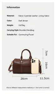 Detailed size guide and material specs for the retro brown leather Boston bag