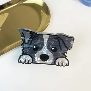 Cute border collie dog acetate hair claw clip with pearlescent black white finish