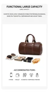 Capacity demonstration of retro brown Boston handbag showing daily essentials