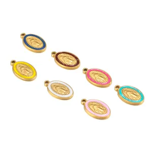 Various colorful enamel Virgin Mary pendants in golden metal frames for jewelry making